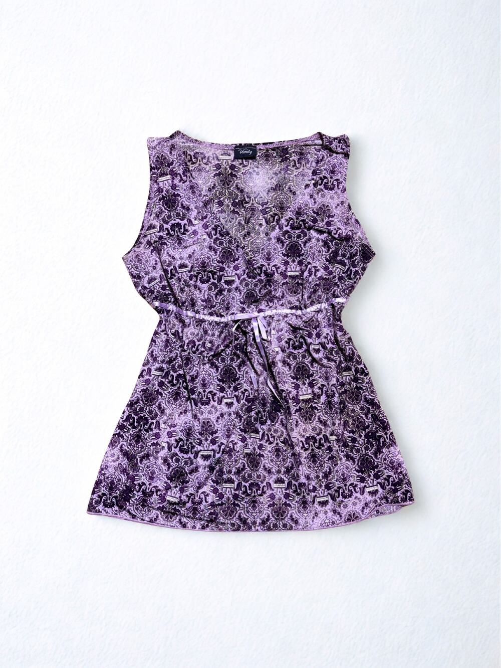 Vtg Y2K Vanity Lavender Whimsical Print Milkmaid Top Satin Bow